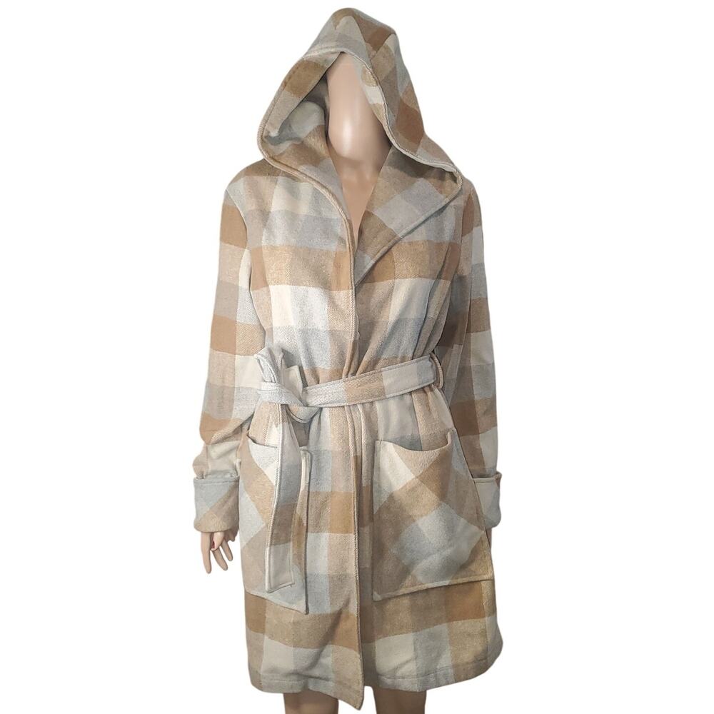 A New Day Women's M Plaid Belted Hooded Wrap Coat Jacket Tan Cream Wool Blend